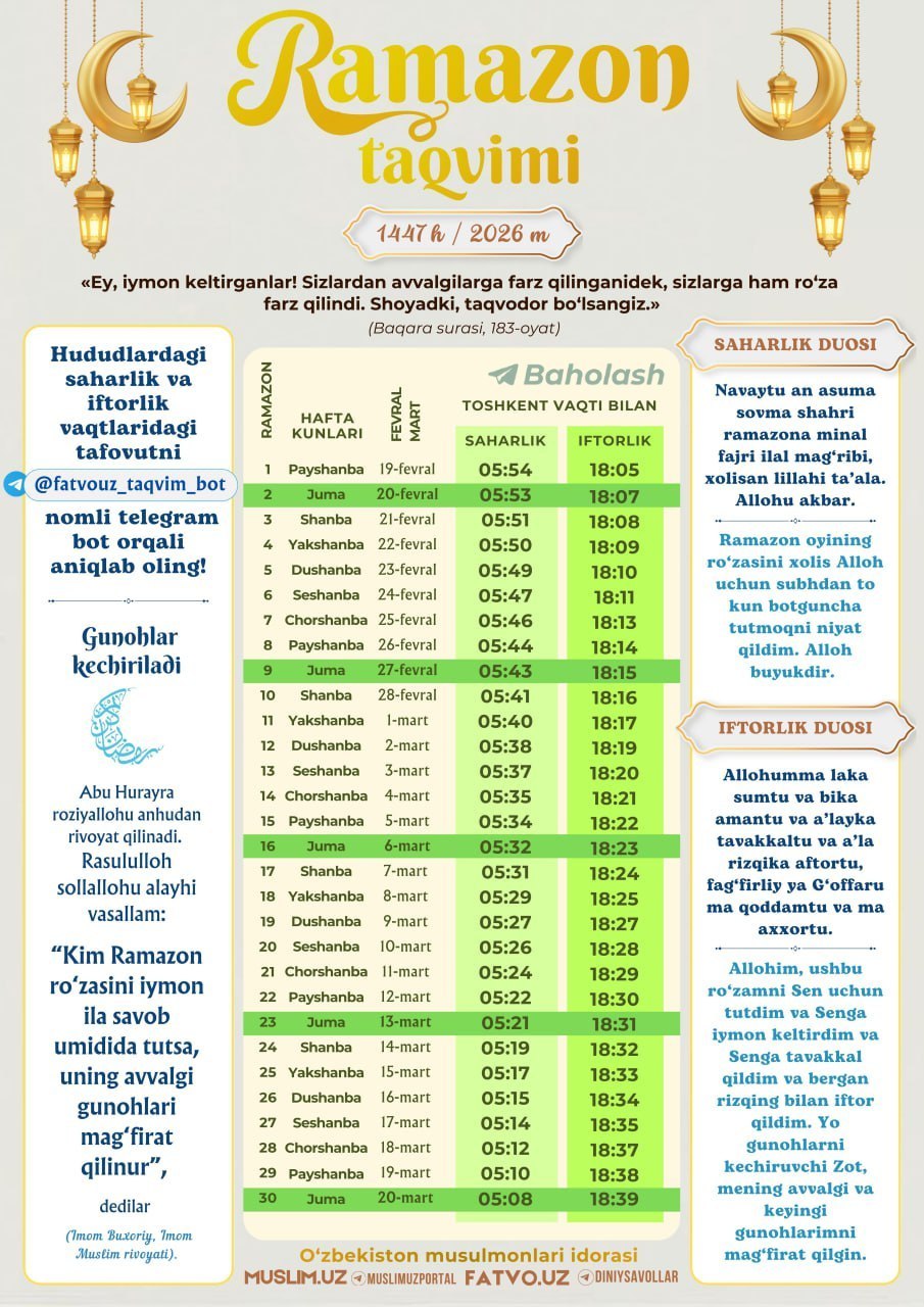 ❗️RASMAN: 2026-yilda muborak Ramazon oyining boshlanishi 19-fevral kuniga to‘g‘ri keladi.  Bu haqda O‘zbekiston musulmonlari idorasining axboroti asosida Prezident qarori